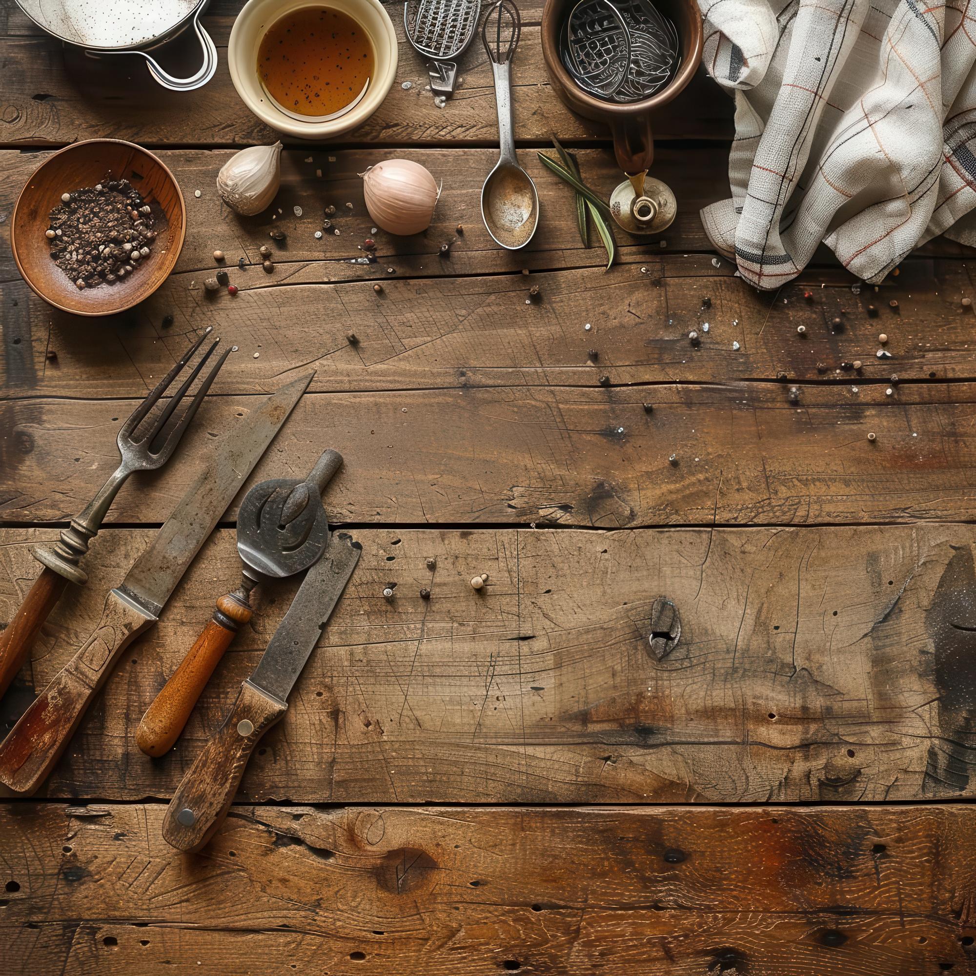 Tavolo da cucina con utensili e ingredienti disposti