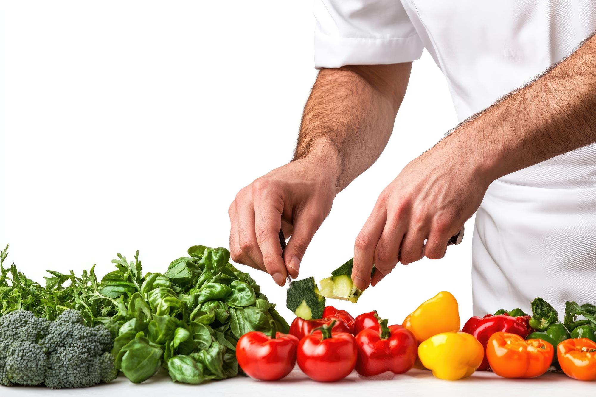 Chef che affetta verdure su tagliere in studio
